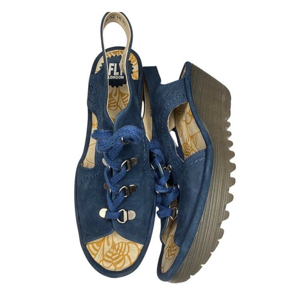 FLY LONDON Ylva Blue Suede Lace-Up Peeptoe Wedge Sandals Size 40 US 9